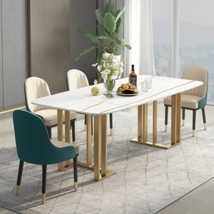 Modern Luxury Dining Table with Marble Top and Upholstered Chairs - High-End Dining Set with Stainless Steel Base