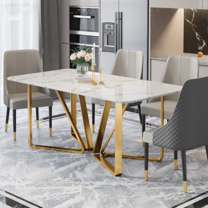 Luxury Dining Table with Upholstered Chairs – Marble Top, Stainless Steel Base, Modern Design