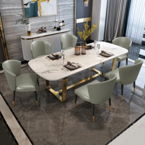 Modern Dining Table with Upholstered Chairs & Marble Top | Luxury Dining Set with Stainless Steel Legs | Premium Quality Furniture from Alliance International Store