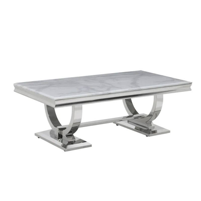 Luxury dining table with six chairs featuring modern stainless steel and a marble top, available for customization.