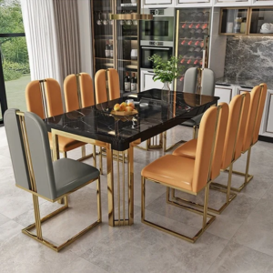 Modern dining table and luxury chairs set with stainless steel, gold, and rose gold finishes – customizable designs available at Alliance International Store