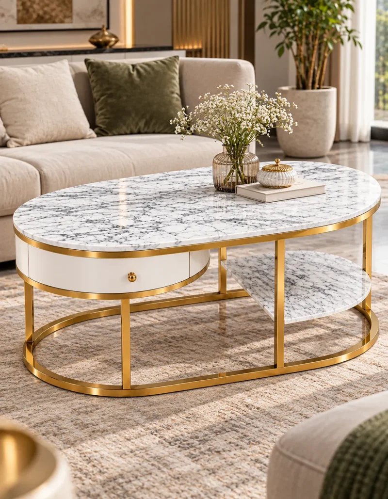 Contemporary Double Drawer Marble Accent Table with sleek marble surface and elegant storage drawers