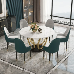 Gold Finish Round Dining Table with Marble Top and Luxury Upholstered Dining Chairs - Modern Luxury Furniture Set for Dining Room