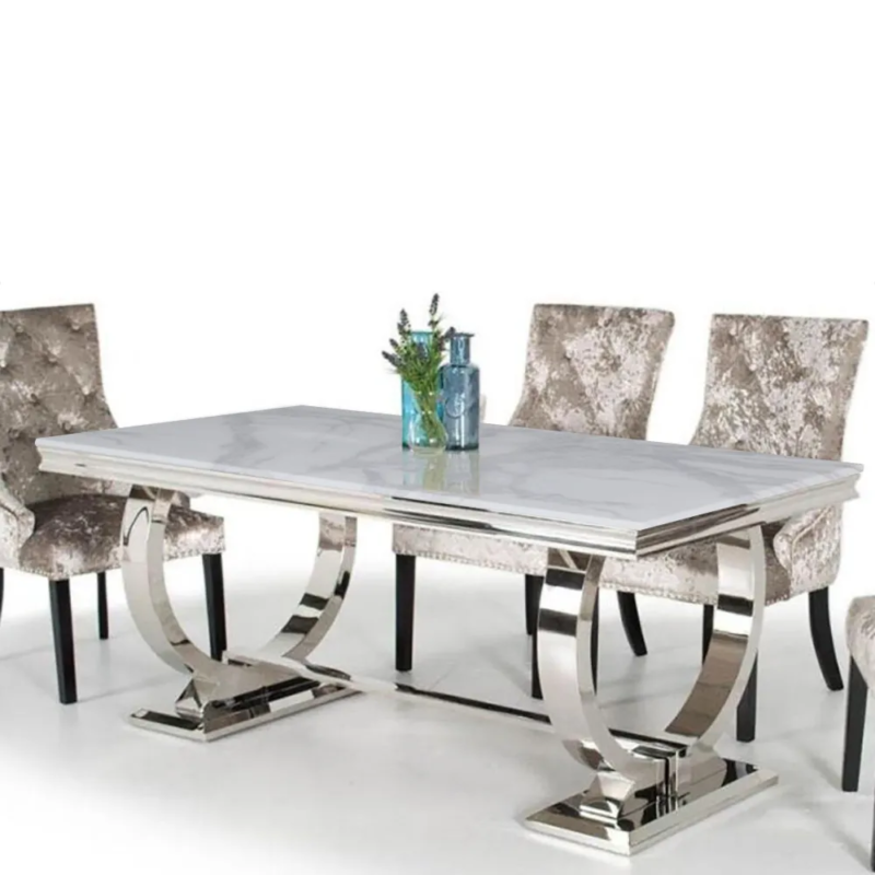 Luxury dining table with six chairs featuring modern stainless steel and a marble top, available for customization.