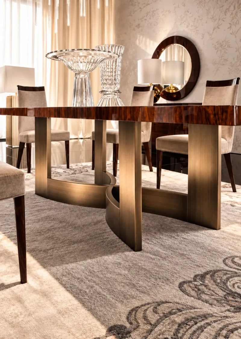 Modern luxury dining table with premium marble top and elegant metal base for stylish home interiors.