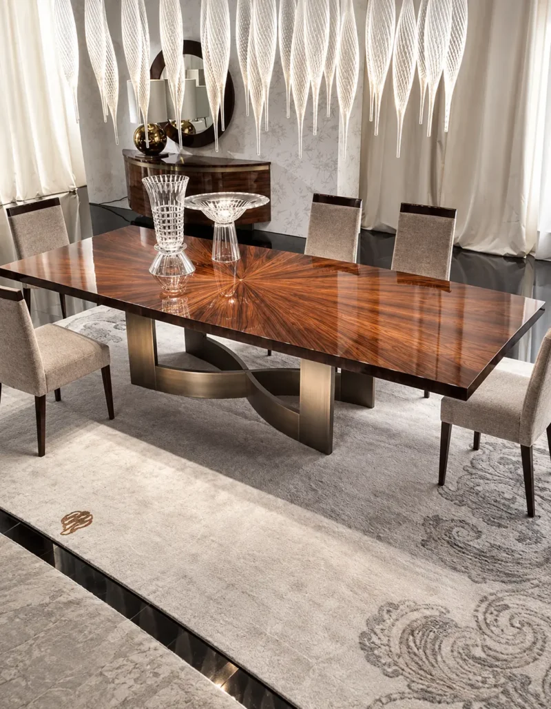 Modern luxury dining table with premium marble top and elegant metal base for stylish home interiors.