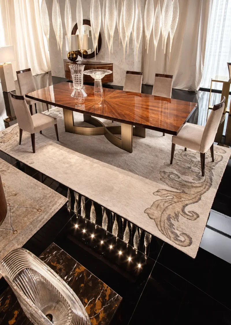 Modern luxury dining table with premium marble top and elegant metal base for stylish home interiors.