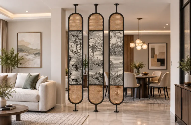 Modern glass partition for living and dining space