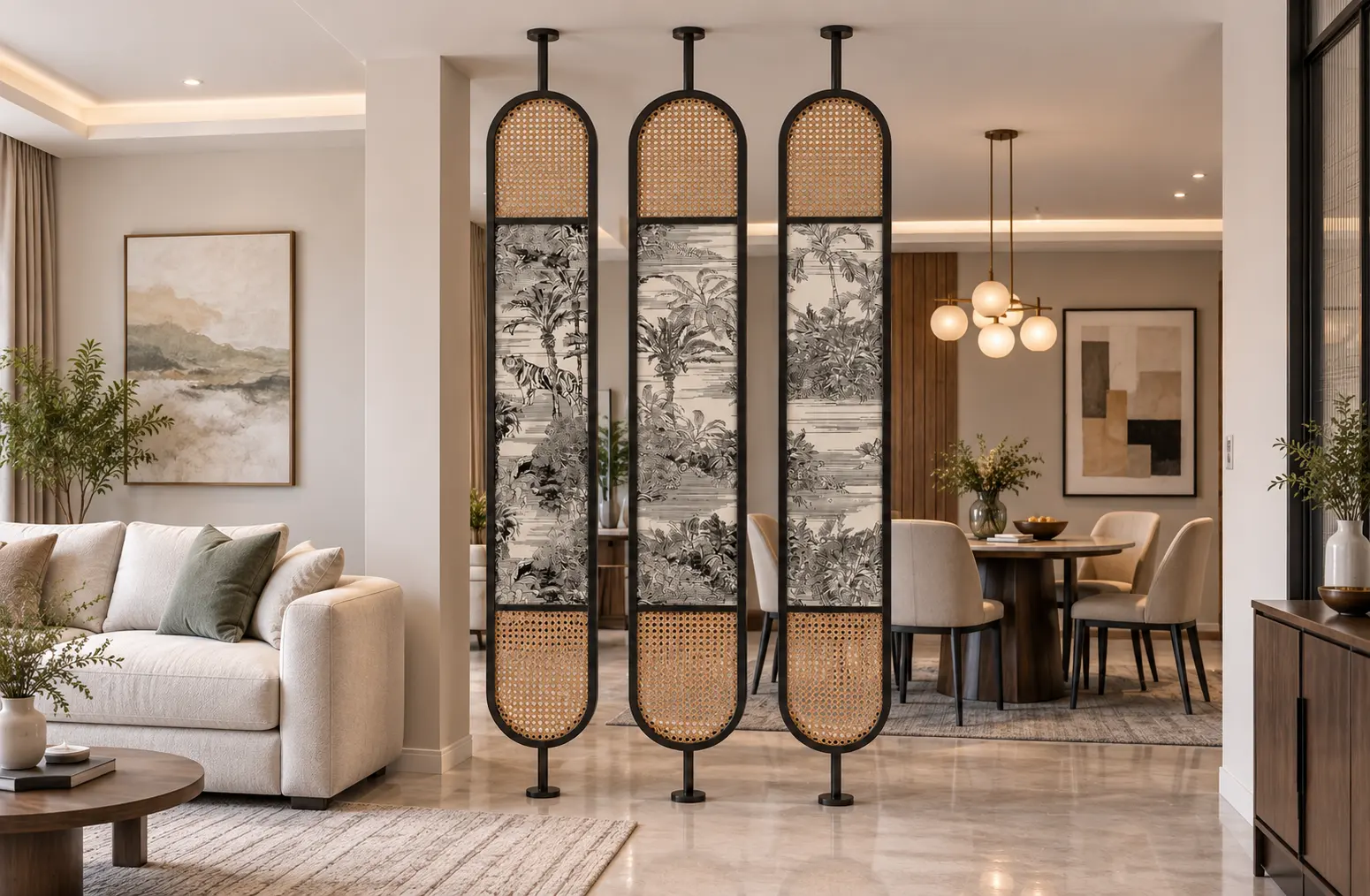 Modern glass partition for living and dining space