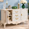 Ivoria carved console table with storage drawers, side cabinets and white decorative panels