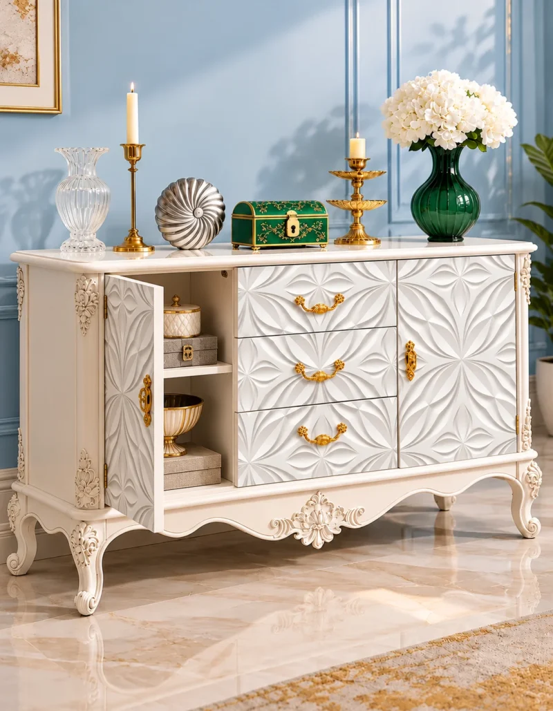 Ivoria carved console table with storage drawers, side cabinets and white decorative panels