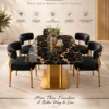 Alvara Luxe gold vein marble dining table with gold pedestal base and upholstered chairs