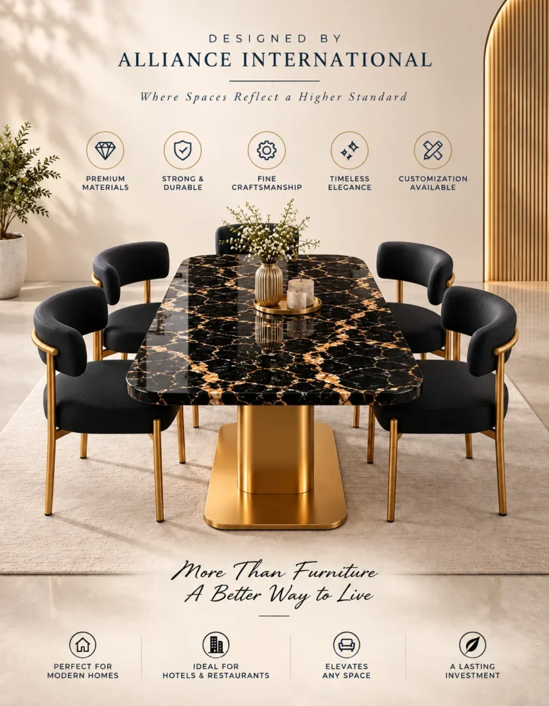 Alvara Luxe gold vein marble dining table with gold pedestal base and upholstered chairs
