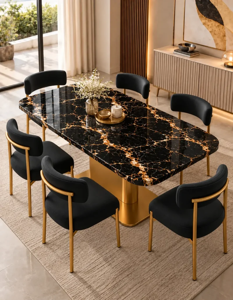 Alvara Luxe gold vein marble dining table with gold pedestal base and upholstered chairs