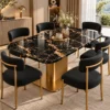 Alvara Luxe gold vein marble dining table with gold pedestal base and upholstered chairs