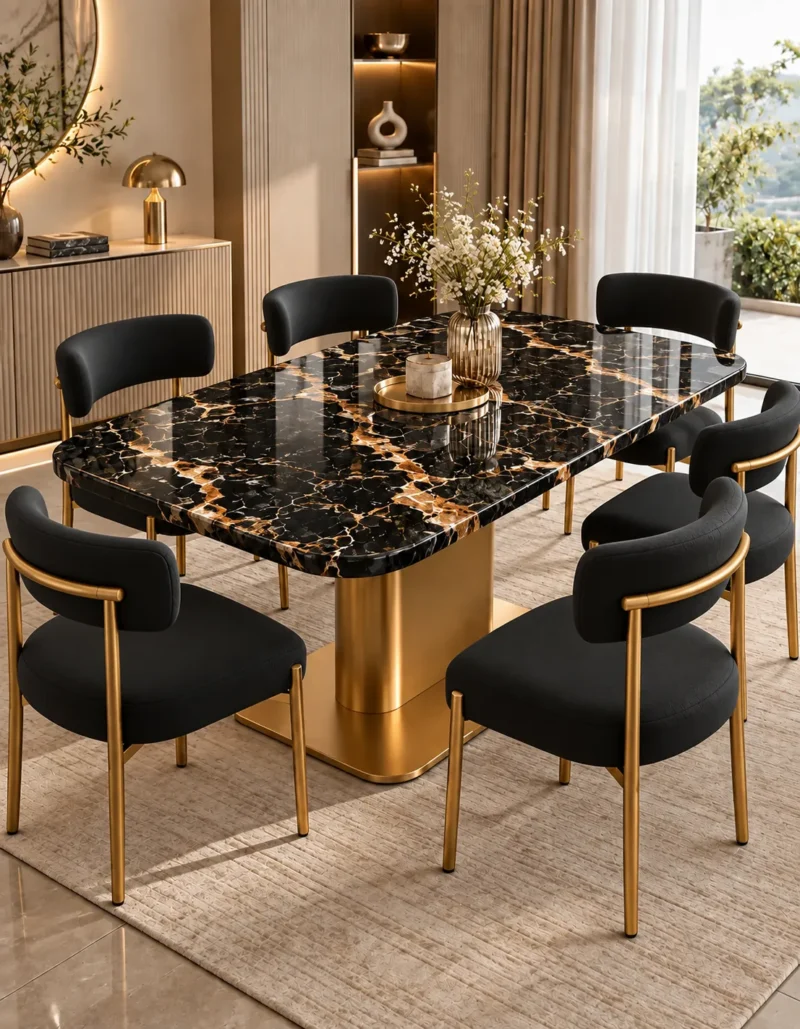 Alvara Luxe gold vein marble dining table with gold pedestal base and upholstered chairs