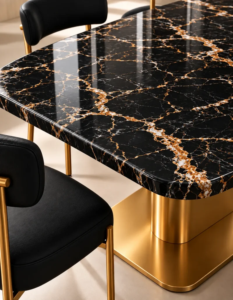 Alvara Luxe gold vein marble dining table with gold pedestal base and upholstered chairs