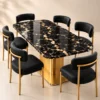 Alvara Luxe gold vein marble dining table with gold pedestal base and upholstered chairs