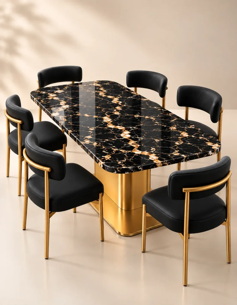 Alvara Luxe gold vein marble dining table with gold pedestal base and upholstered chairs