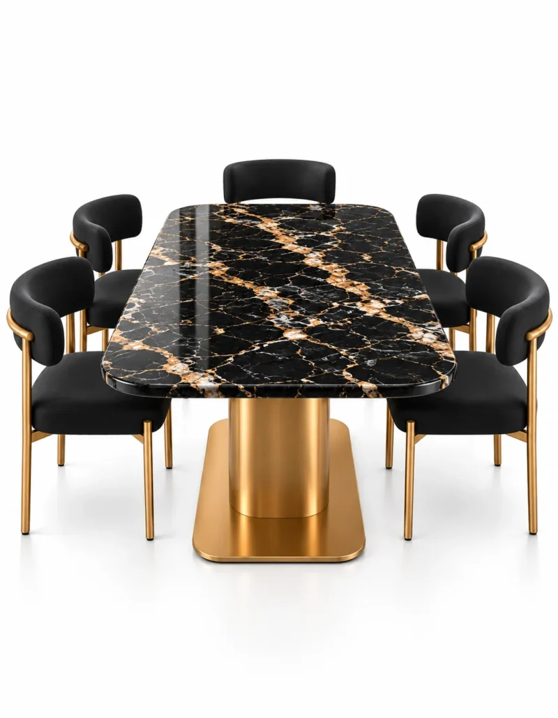 Alvara Luxe gold vein marble dining table with gold pedestal base and upholstered chairs