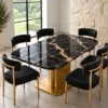 Alvara Luxe gold vein marble dining table with gold pedestal base and upholstered chairs