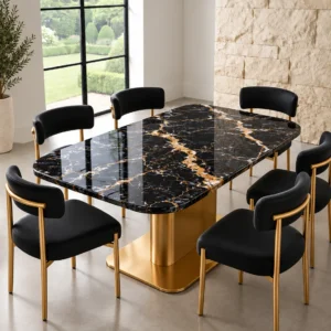 Alvara Luxe gold vein marble dining table with gold pedestal base and upholstered chairs