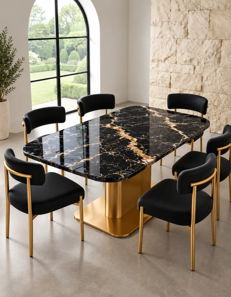 Alvara Luxe gold vein marble dining table with gold pedestal base and upholstered chairs