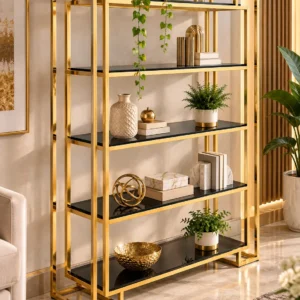 Alvora Luxe 5 tier cosmetic display rack with gold frame and dark shelves