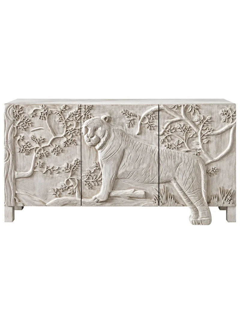 Aranya tiger carved console cabinet with raised forest and wildlife detailing