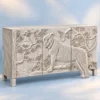 Aranya tiger carved console cabinet with raised forest and wildlife detailing