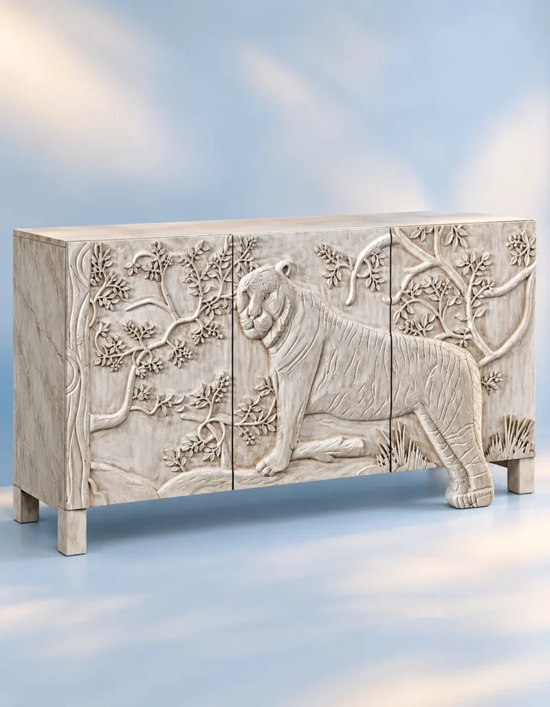 Aranya tiger carved console cabinet with raised forest and wildlife detailing