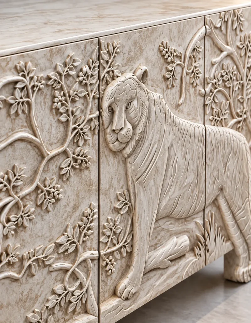 Aranya tiger carved console cabinet with raised forest and wildlife detailing