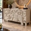 Aranya tiger carved console cabinet with raised forest and wildlife detailing