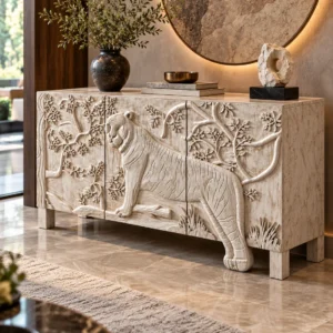 Aranya tiger carved console cabinet with raised forest and wildlife detailing