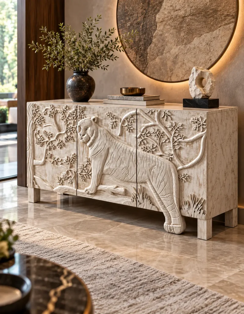 Aranya tiger carved console cabinet with raised forest and wildlife detailing