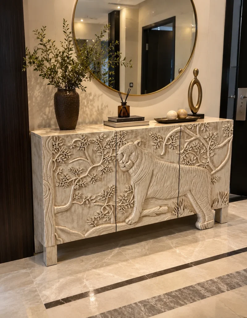 Aranya tiger carved console cabinet with raised forest and wildlife detailing