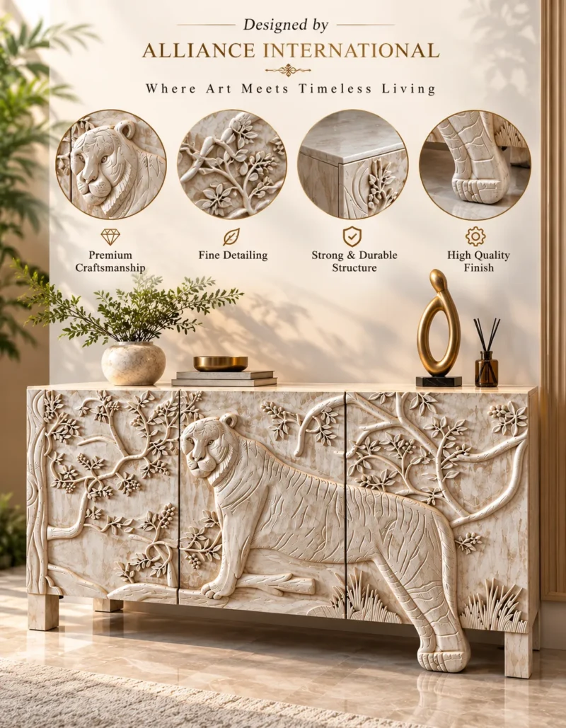 Aranya tiger carved console cabinet with raised forest and wildlife detailing