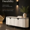Arco Line curved white TV unit with arch-pattern front, black trim and gold-tipped legs