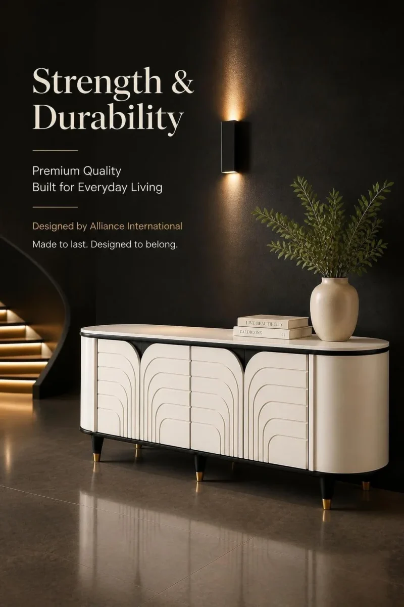 Arco Line curved white TV unit with arch-pattern front, black trim and gold-tipped legs