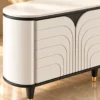 Arco Line curved white TV unit with arch-pattern front, black trim and gold-tipped legs