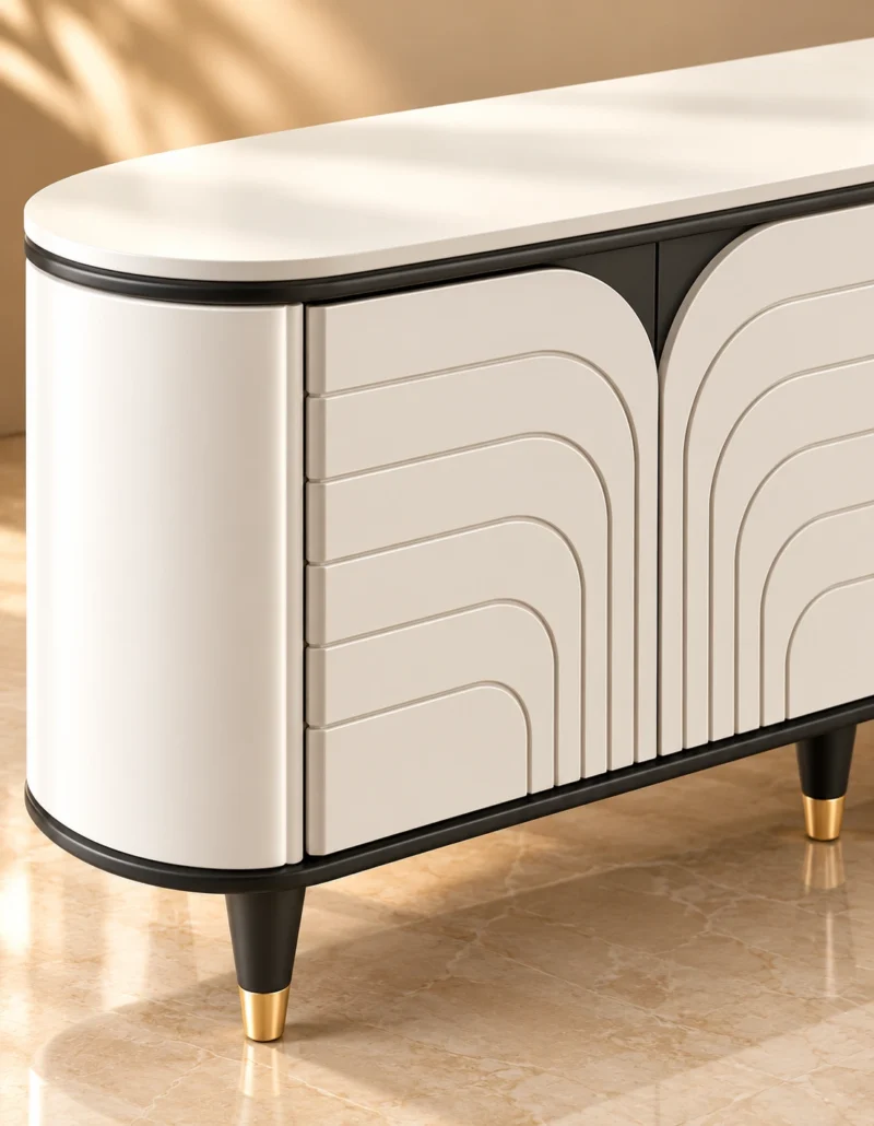 Arco Line curved white TV unit with arch-pattern front, black trim and gold-tipped legs