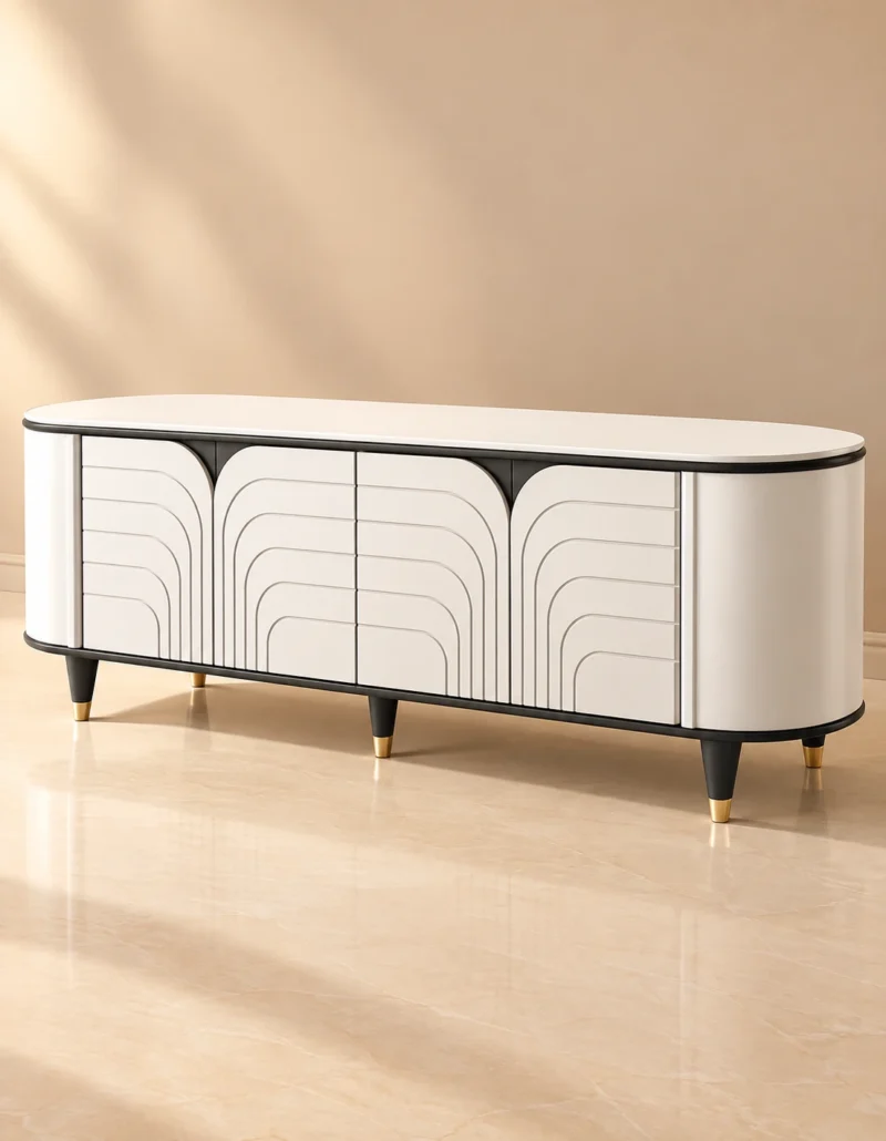 Arco Line curved white TV unit with arch-pattern front, black trim and gold-tipped legs