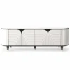 Arco Line curved white TV unit with arch-pattern front, black trim and gold-tipped legs