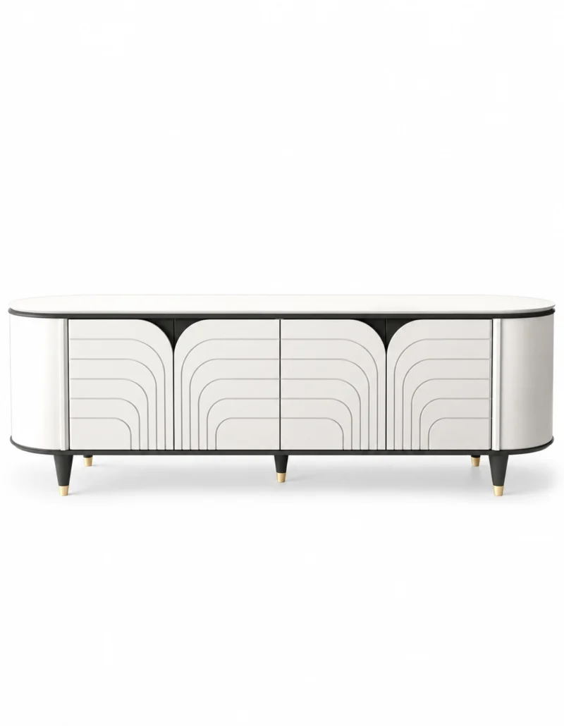 Arco Line curved white TV unit with arch-pattern front, black trim and gold-tipped legs