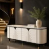 Arco Line curved white TV unit with arch-pattern front, black trim and gold-tipped legs
