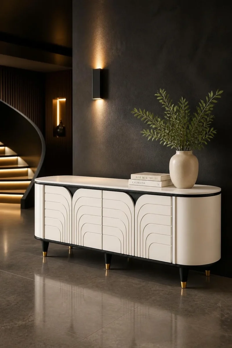 Arco Line curved white TV unit with arch-pattern front, black trim and gold-tipped legs