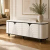 Arco Line curved white TV unit with arch-pattern front, black trim and gold-tipped legs