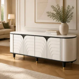 Arco Line curved white TV unit with arch-pattern front, black trim and gold-tipped legs