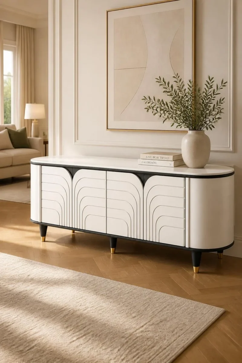 Arco Line curved white TV unit with arch-pattern front, black trim and gold-tipped legs