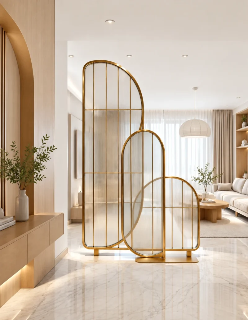 Arco Trio arched textured glass partition with Gold PVD frame